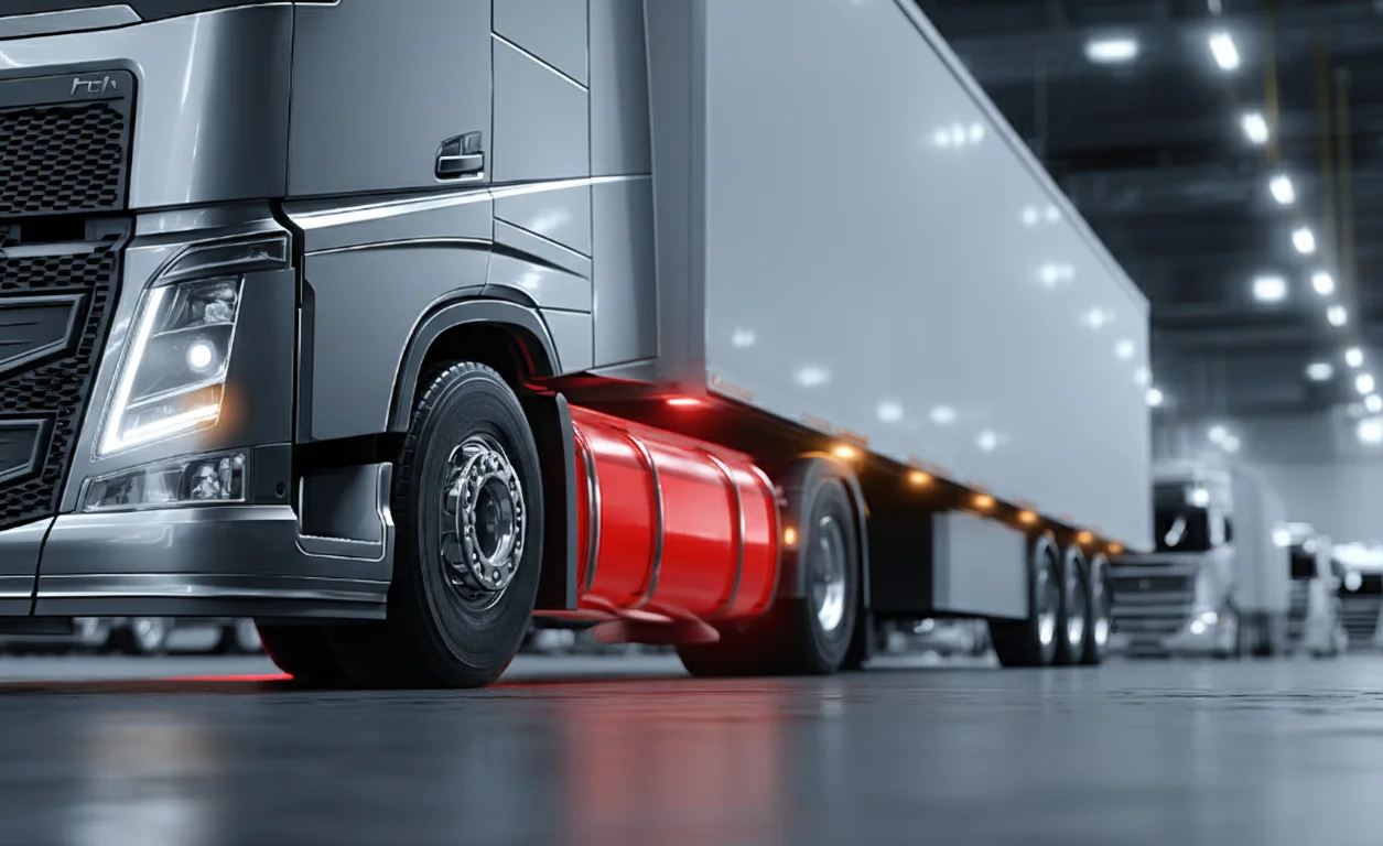 Close-up of a truck's red saddle fuel tank in a fleet depot