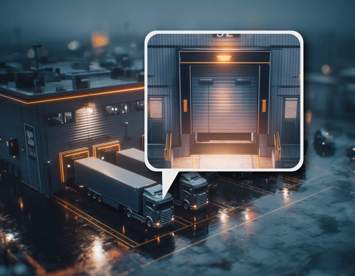 Night view of a depot with a camera feed showing a loading bay