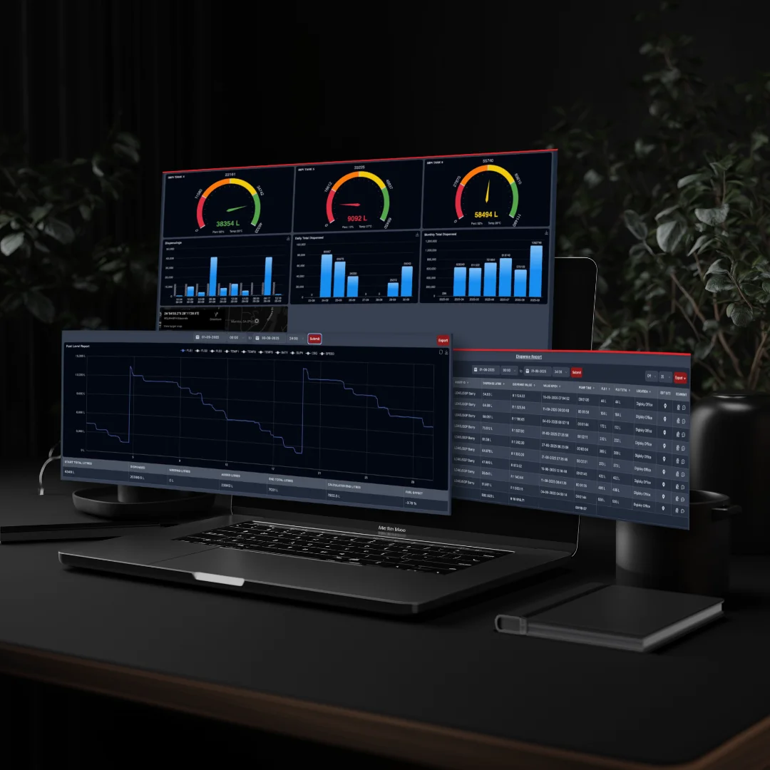 Digisky fuel management dashboard showing tank levels, daily usage and transaction reports