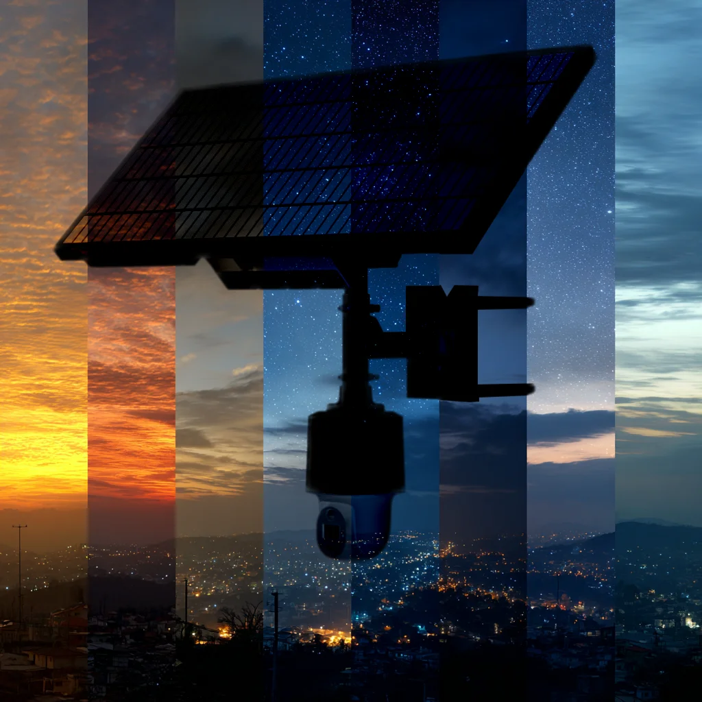 Solar-powered CCTV camera on its panel mount shown across day and night skies