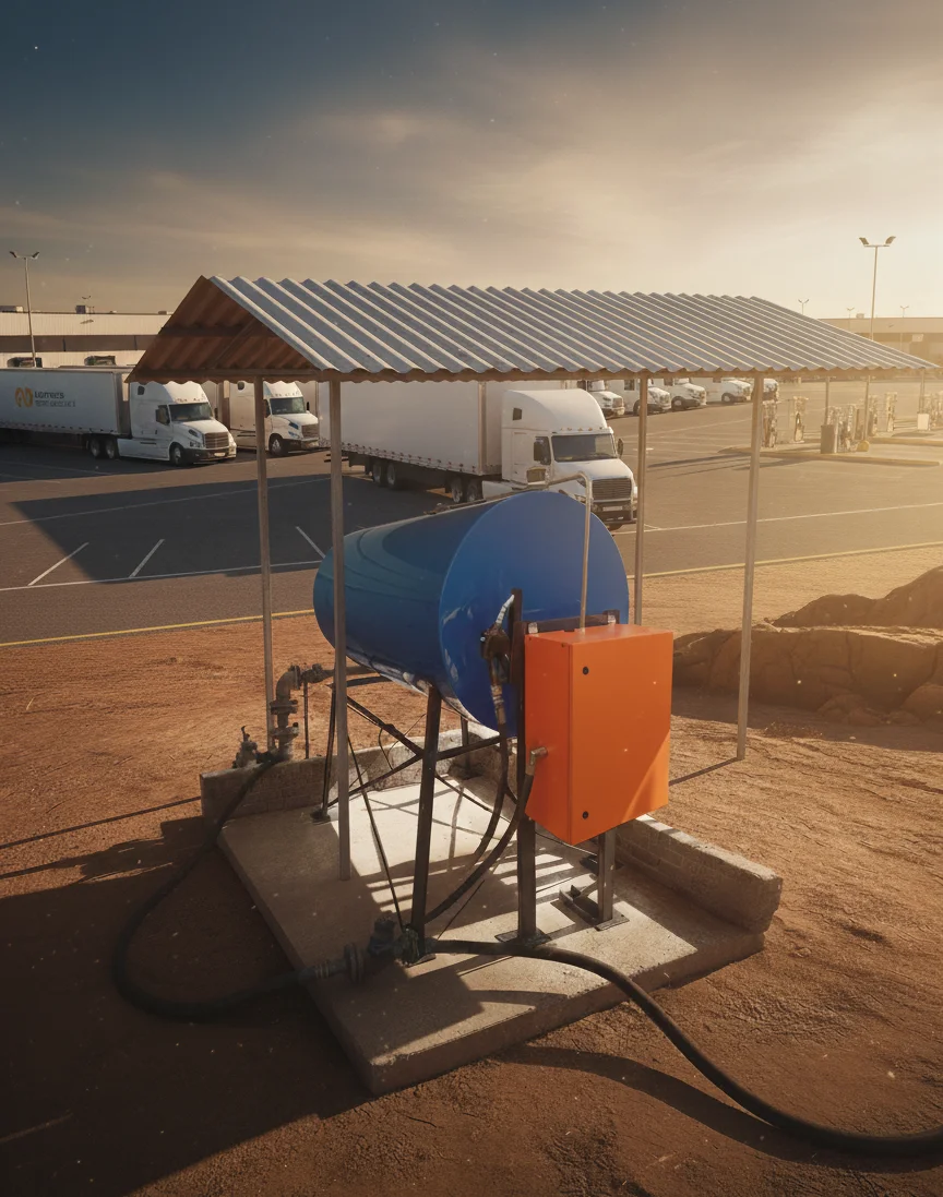 Bulk diesel tank under a canopy with a fuel management control unit, truck depot behind