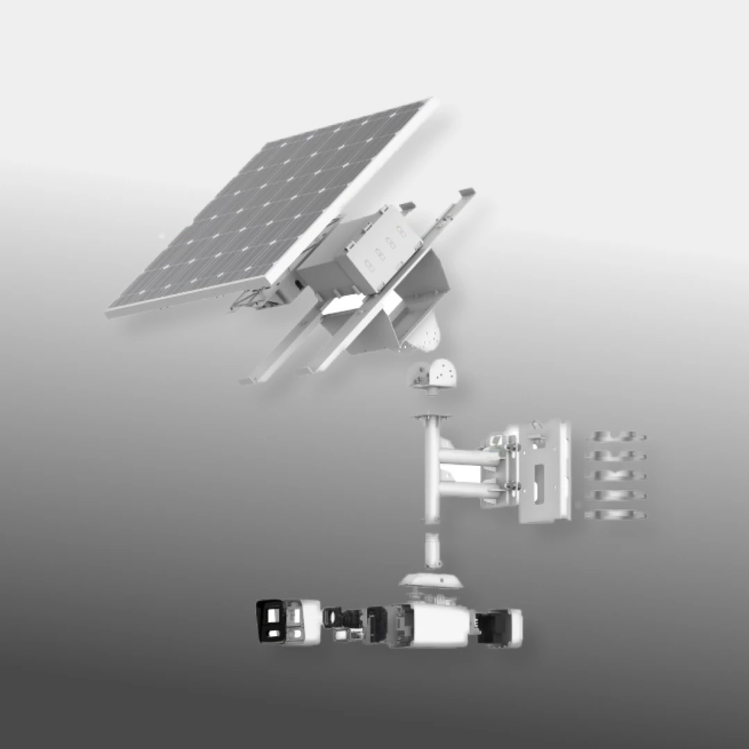 Exploded view of a solar CCTV camera kit: panel, mounting bracket and camera unit
