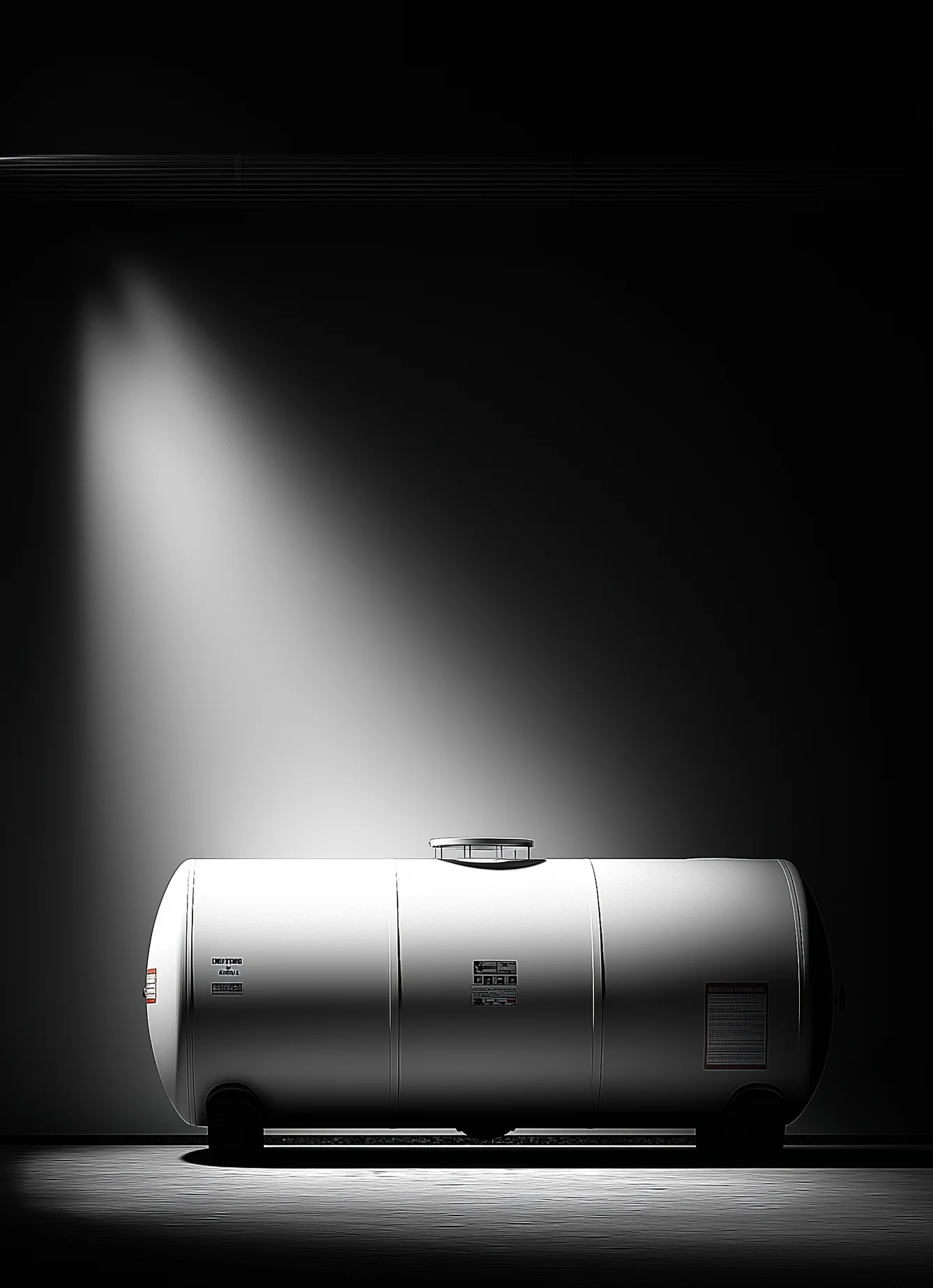 Horizontal bulk fuel storage tank lit from above in a darkened studio