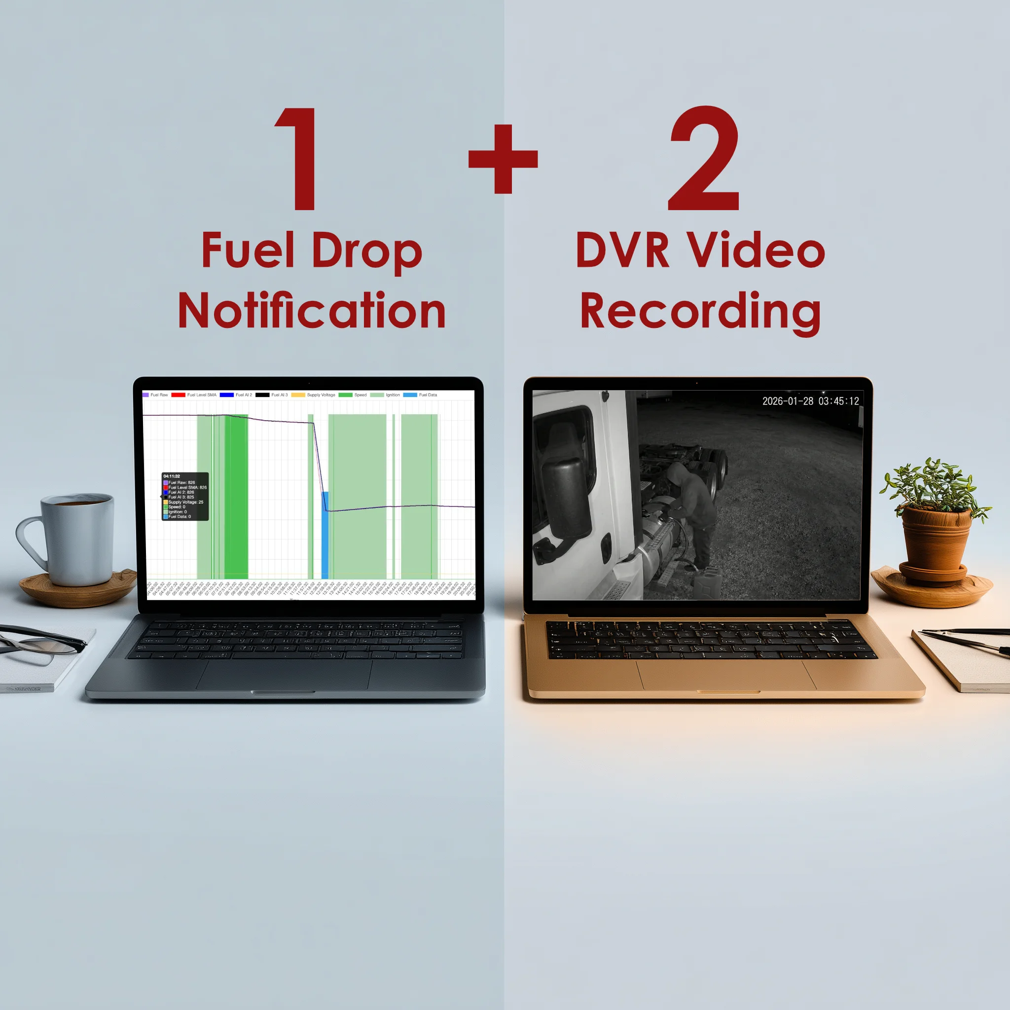 Two laptops side by side: a fuel drop notification graph and the matching DVR video recording