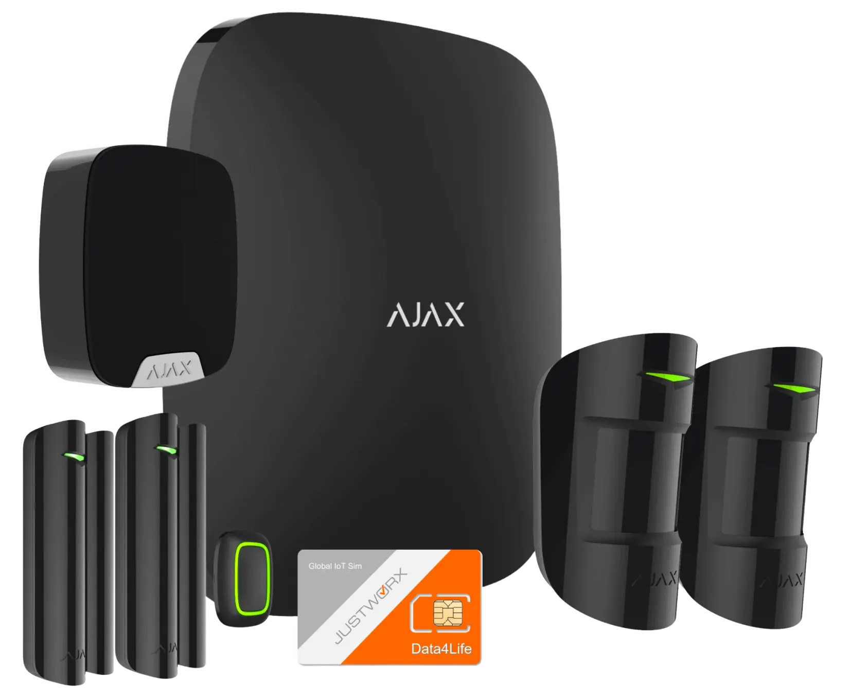 Ajax alarm hub with door contacts, motion detectors and a SIM card